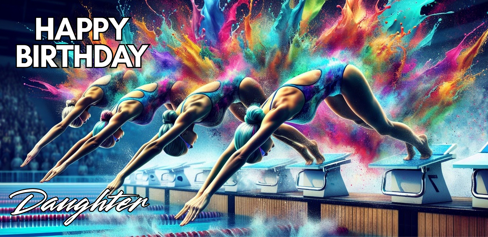 Trifold swimming birthday card for daughter featuring four women diving into a pool with rainbow splashes on a vibrant background; no envelope needed, eco-friendly design.