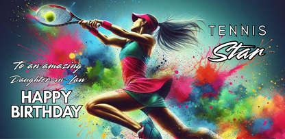 Bare Cards self-sealing Trifold birthday card for daughter-in-law tennis player featuring a woman lunging to hit the ball on a background of rainbow paint splatters and the text "To an amazing Daughter-in-Law Happy Birthday Tennis Star!".