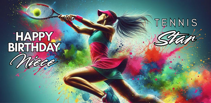 Bare Cards self-sealing Trifold birthday card for niece tennis player featuring a woman lunging to hit the ball on a background of rainbow paint splatters and the text "Happy Birthday Niece Tennis Star!".