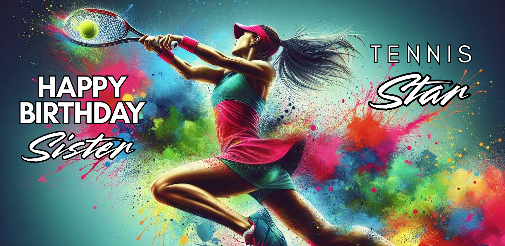 Bare Cards self-sealing Trifold birthday card for sister tennis player featuring a woman lunging to hit the ball on a background of rainbow paint splatters and the text "Happy Birthday Sister Tennis Star!".