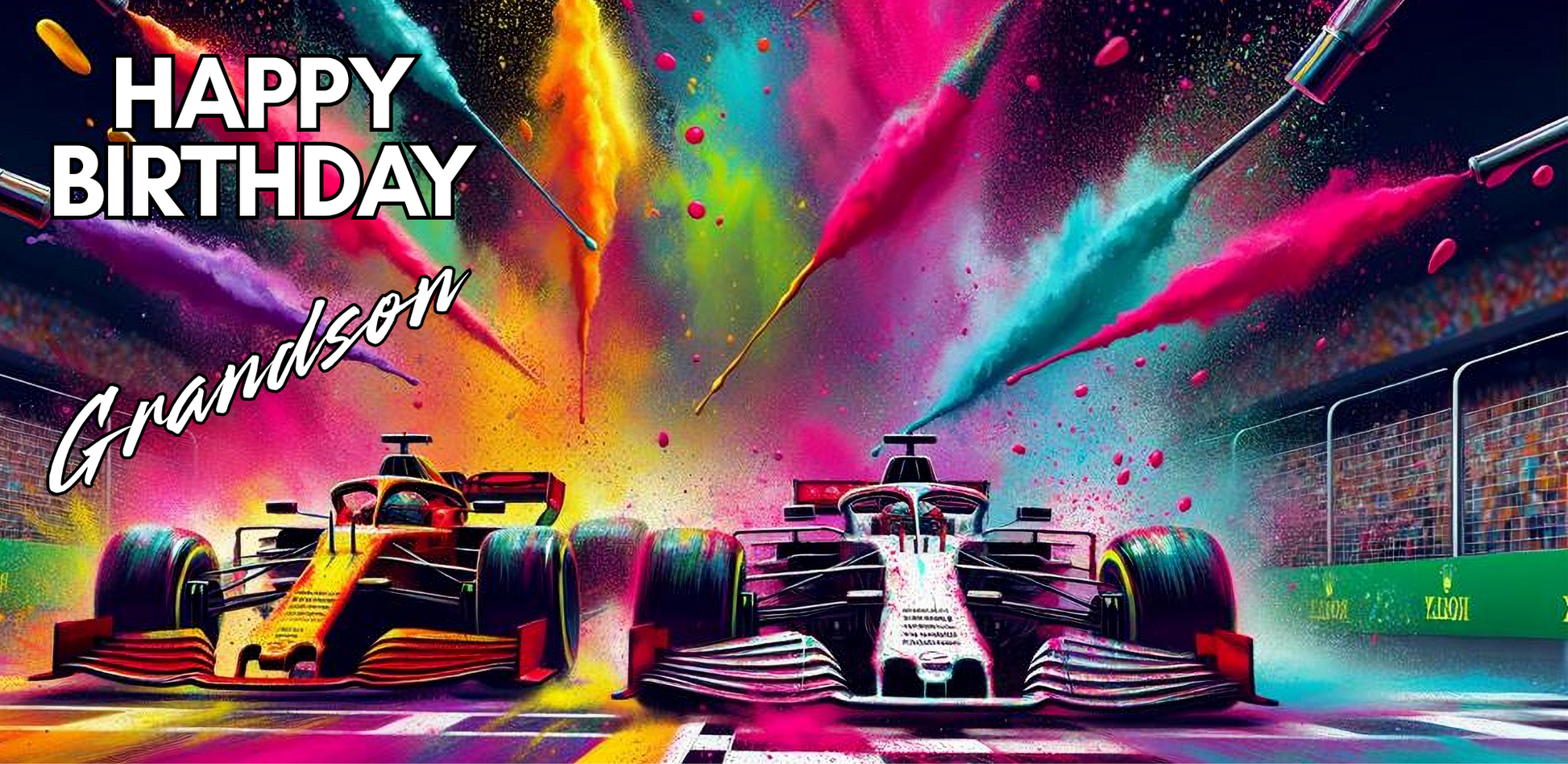 Colorful trifold birthday card with racing cars and 'Happy Birthday Grandson' text