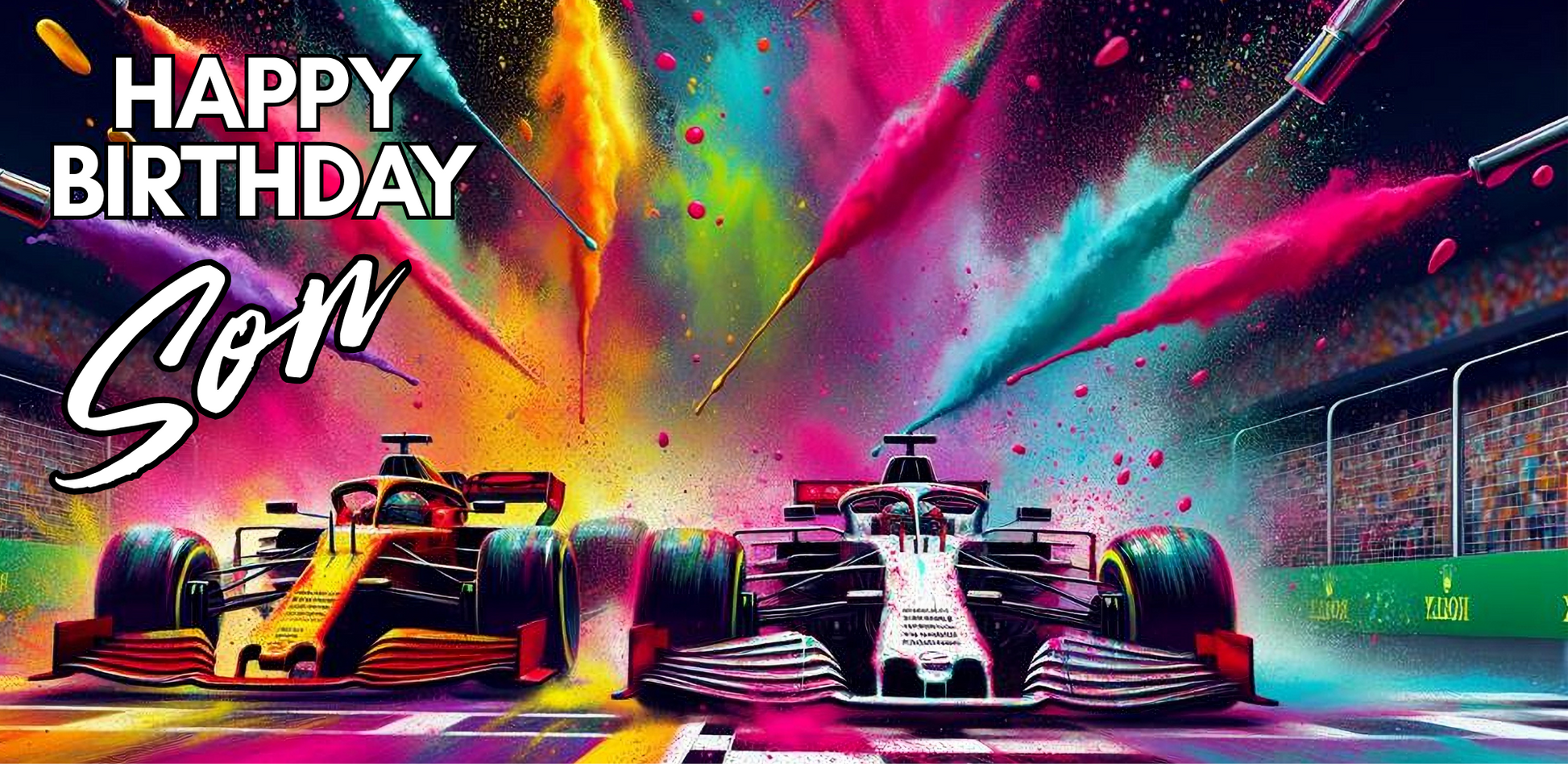 Colorful trifold birthday card with racing cars and 'Happy Birthday Son' text