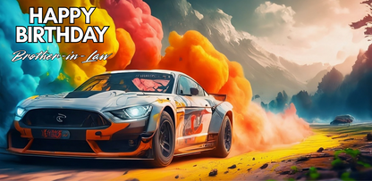 Racing car on a scenic road with colorful smoke and 'Happy Birthday Brother in Law' text.