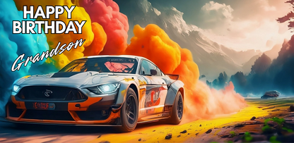 Racing car with colorful smoke effects on a scenic background, celebrating a birthday for a grandson.