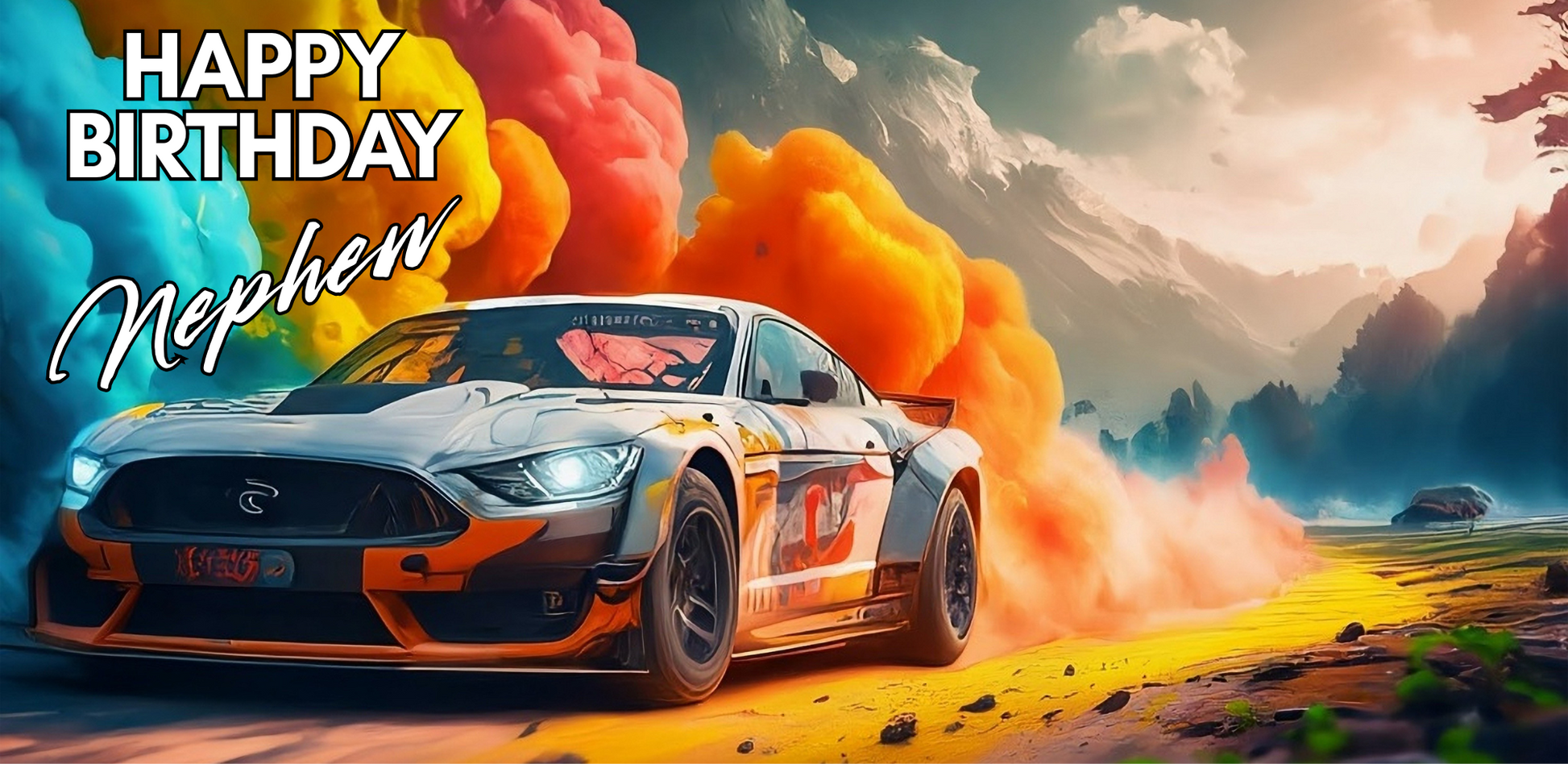 Racing car with colorful smoke effects on a scenic background, celebrating 'Happy Birthday Nephew'.
