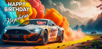 Racing car with colorful smoke effects on a scenic background, celebrating 'Happy Birthday Nephew'.