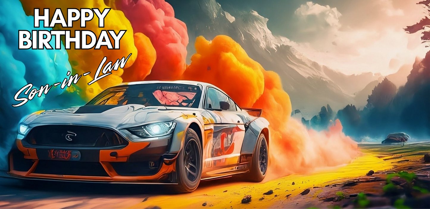 Racing car with colorful smoke effects on a scenic background, featuring 'Happy Birthday Son-in-Law' text.