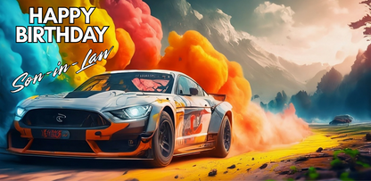 Racing car with colorful smoke effects on a scenic background, featuring 'Happy Birthday Son-in-Law' text.