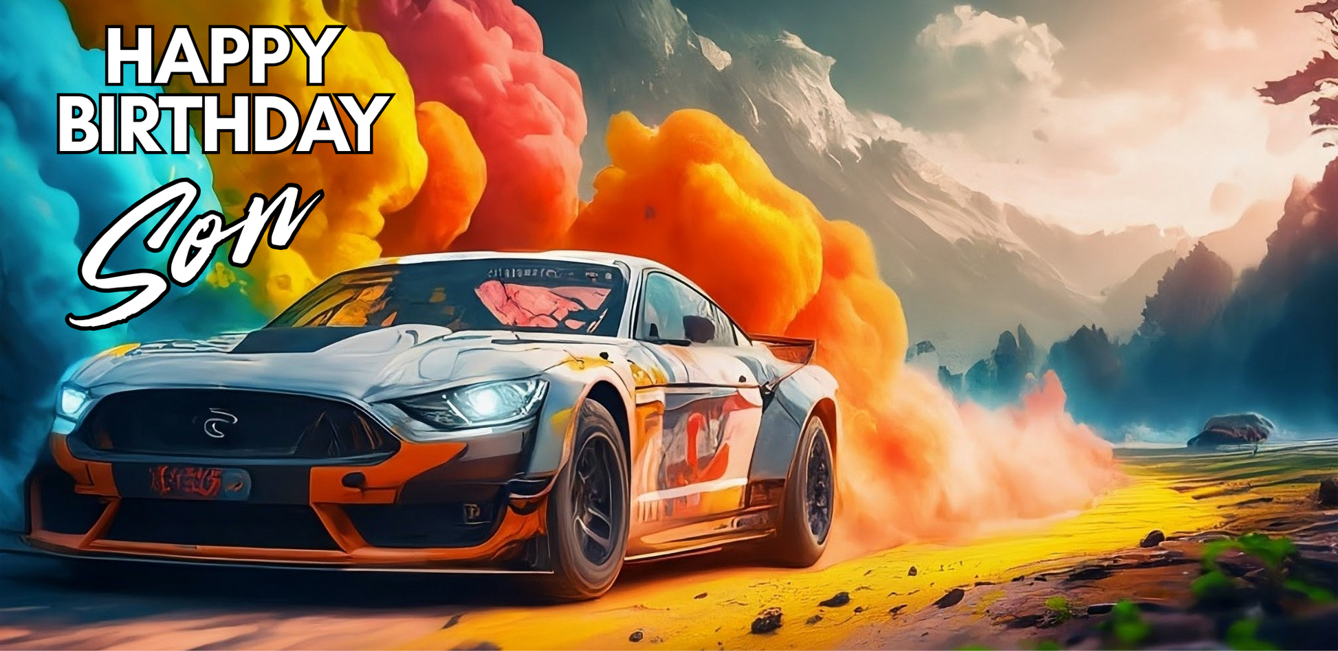 Racing car with colorful smoke effects on a scenic background, celebrating 'Happy Birthday Son'.