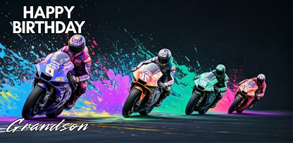 Four motorcyclists racing on a track with colorful splashes and 'Happy Birthday Grandson' text.
