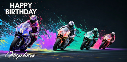 Four motorcyclists racing on a track with colorful splashes and 'Happy Birthday' text.