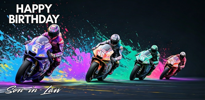 Four motorcyclists racing on a track with colorful splashes and 'Happy Birthday Son-in-Law' text.