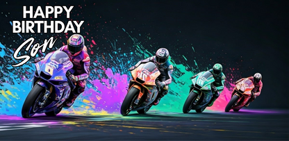 Four motorcyclists racing on a track with colorful splashes and 'Happy Birthday Son' text.
