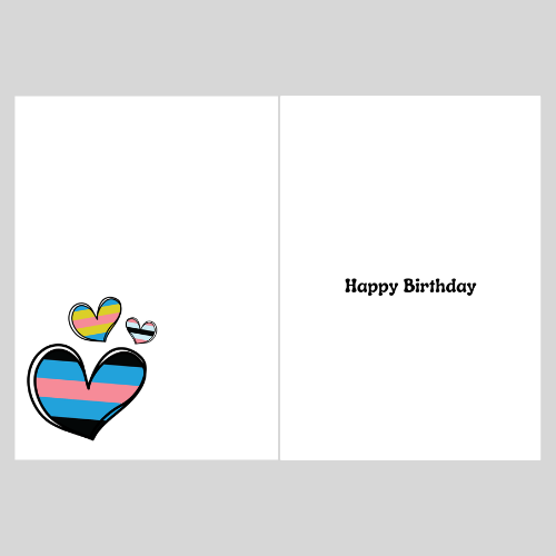 Inside the Bare Cards Queer Birthday Card with a heart design and 'Happy Birthday' text on a white background