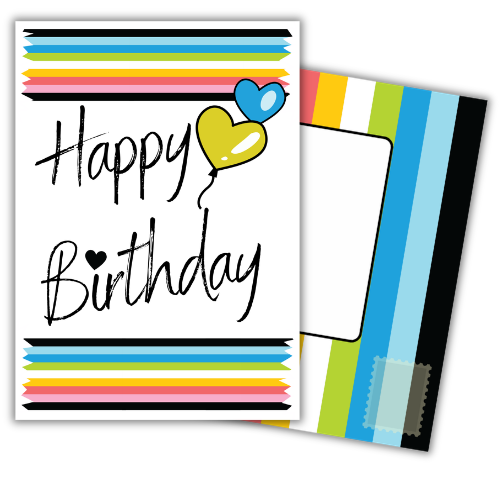 Bare Cards Queer Birthday Card with built-in Pride Flag Posting Page shown behind. 'Happy Birthday' text with Queer Pride Flag coloured banners and balloons.