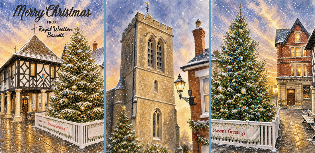 A Christmas greeting card featuring a three-panel scenic collage of snowy village streets with decorated Christmas trees, historic buildings, and a church tower under a snowy blue sky. The left panel includes the text 'Merry Christmas from Royal Wootton Basset' and 'Season's Greetings'.