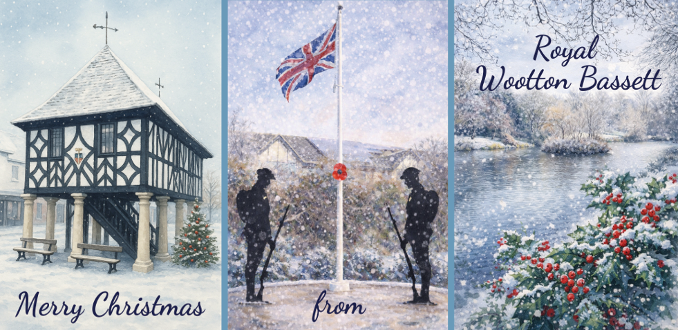 A three-panel Christmas greeting card design with winter scenes: a snow-covered timber building with 'Merry Christmas' text, a snowy flagpole with two silhouetted figures and a Union Jack, and a snowy river landscape with 'Royal Wootton Bassett' text.