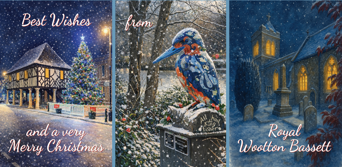 A three-panel Christmas greeting card design with snowy winter scenes: a warmly lit house and Christmas tree on the left, a kingfisher bird perched on a postbox in the center, and a glowing church at night on the right. Text reads 'Best Wishes and a very Merry Christmas' on the left panel, 'from' at the top center, and 'Royal Wootton Bassett' at the bottom right.