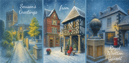 Bare Cards Trifold Christmas Card for Royal Wootton Bassett depicting three snowy town scenes with festive text and branding.