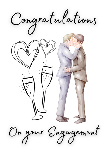 7.5 x 5 ins Illustration of two men kissing with champagne glasses and hearts, accompanied by 'Congratulations on your Engagement' text.