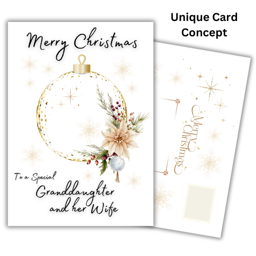 Christmas card with floral ornament design and personalized text on a white background to a special granddaughter and her Wife