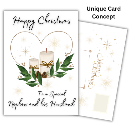 Christmas card with candles and greenery, featuring text 'Happy Christmas to a special nephew and his husband'.
