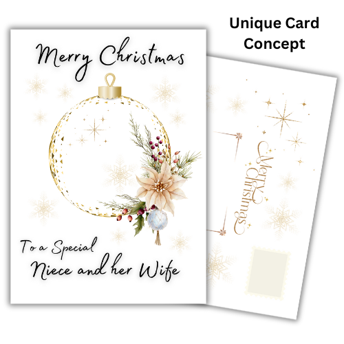 Christmas card with decorative ornament and floral elements on a white background for Niece and her Wife