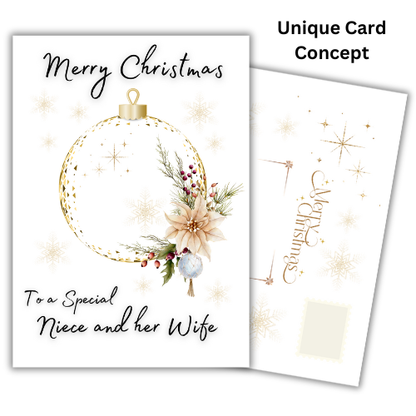Christmas card with decorative ornament and floral elements on a white background for Niece and her Wife