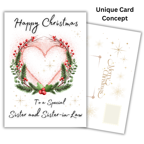 Christmas card with heart design and text for a special sister and sister-in-law