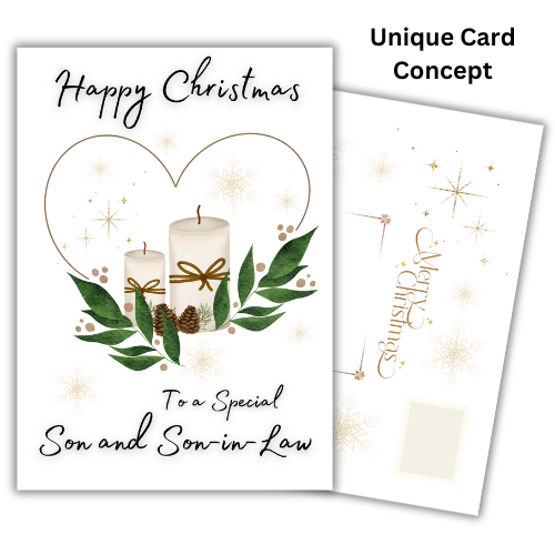 Christmas card with candles and greenery, personalized for a special son and son-in-law.