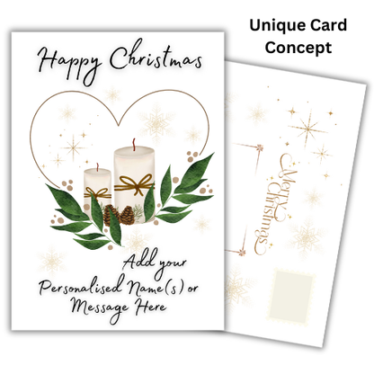 Bare Cards for Self-Sealing Personalised Christmas Card with elegant Heart and Candles design, 'Merry Christmas' text, space to personalise card and golf effect built-in envelope panels.