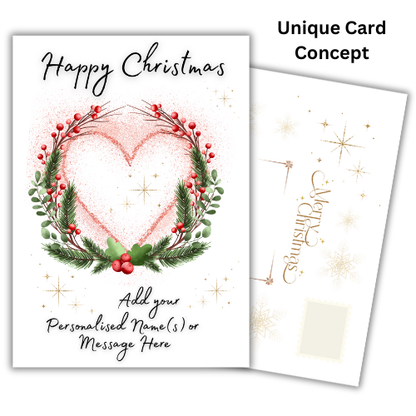 Bare Cards for Self-Sealing Personalised Christmas Card with elegant Heart and Wreath design, 'Merry Christmas' text, space to personalise card and golf effect built-in envelope panels.
