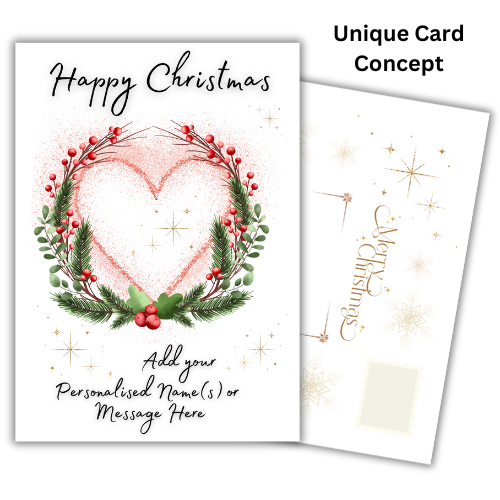 Bare Cards for Self-Sealing Personalised Christmas Card with elegant Heart and Wreath design, 'Merry Christmas' text, space to personalise card and golf effect built-in envelope panels.
