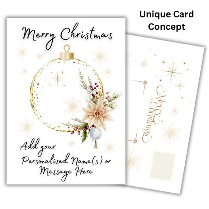 Bare Cards for Self-Sealing Personalised Christmas Card with elegant Bauble and Flowers design, 'Merry Christmas' text, space to personalise card and golf effect built-in envelope panels.