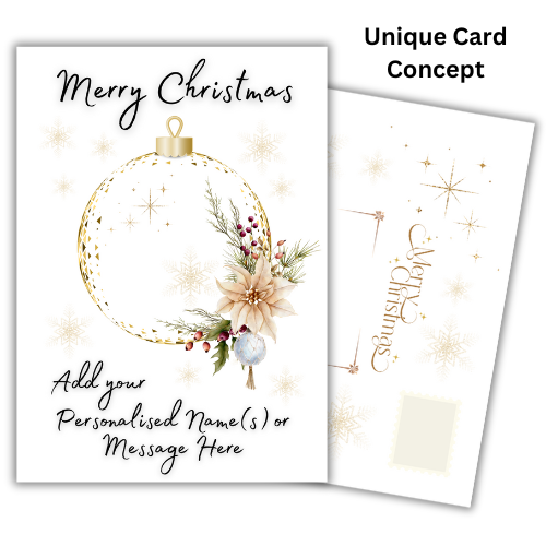Bare Cards for Self-Sealing Personalised Christmas Card with elegant Bauble and Flowers design, 'Merry Christmas' text, space to personalise card and golf effect built-in envelope panels.