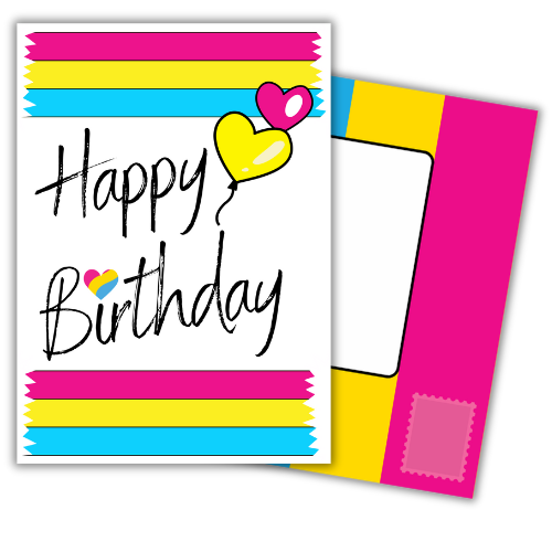 Colorful Pansexual birthday card with 'Happy Birthday' text and balloons in the pansexual pride flag colours on a white background. Built in envelope also in pansexual pride flag colours behind.