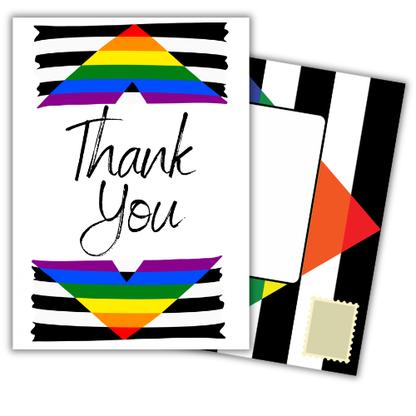 LGBTQIA+ Thank You Greeting card for Ally with rainbow and black and white striped design, featuring the text 'Thank You'. Showing the built-in posting pages behind the card with Ally Pride Flag design.