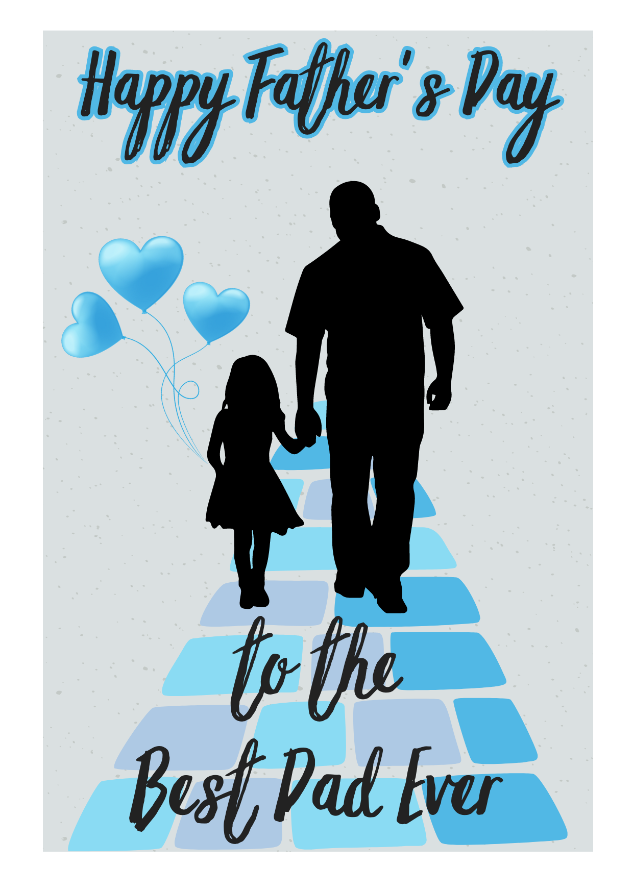 Front of Bare Cards Self-sealing Father's Day card showing young girl holding Dad's hand and three balloons walking down a blue paved path with the text 'Happy Father's Day to the Best Dad Ever'.