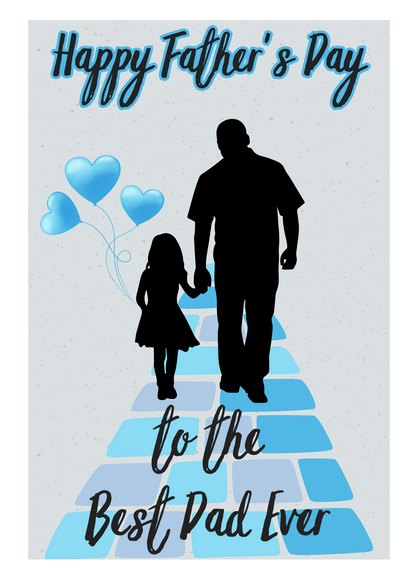 Front of Bare Cards Self-sealing Father's Day card showing young girl holding Dad's hand and three balloons walking down a blue paved path with the text 'Happy Father's Day to the Best Dad Ever'.