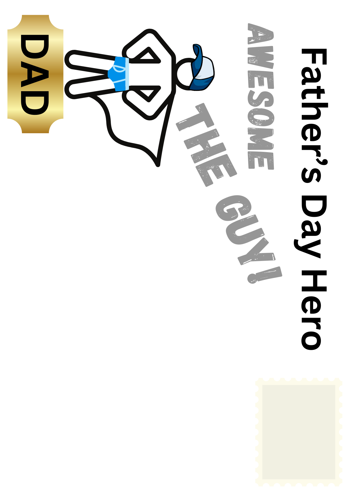Image shows the front of the self-sealing Father's Day Cards from Bare Cards featuring the text 'Father's Day Here, Awesome, The Guy!' with an graphic of a superhero in pants and a cap on a gold plaque with the words 'DAD' on it.