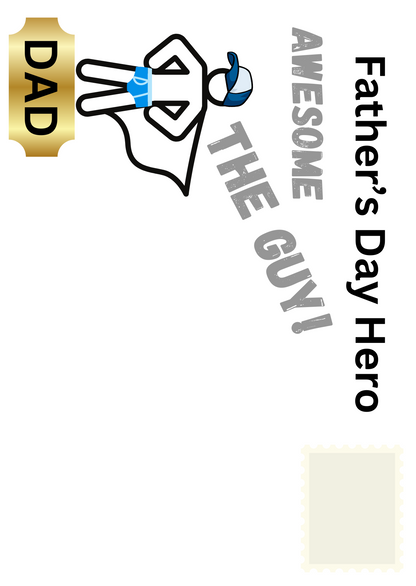 Image shows the front of the self-sealing Father's Day Cards from Bare Cards featuring the text 'Father's Day Here, Awesome, The Guy!' with an graphic of a superhero in pants and a cap on a gold plaque with the words 'DAD' on it.