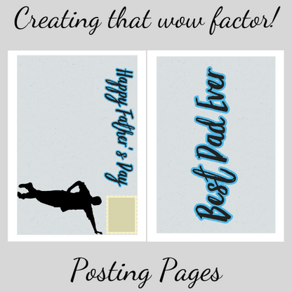 Both envelope panels for the self-sealing Father's Day cards in the cute kids range showing front of envelope panel with silhouette of Dad leaning against side of card and the text 'Happy Father's Day' and the back saying 'Best Dad Ever'. This is showcased by the words 'Creating that wow factor posting pages'.