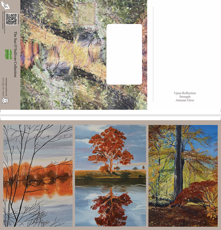 A split view of a landscape art self-sealing greetings card: the top half shows the back with autumn trees postings covers and a white rectangular writing area; the bottom half shows the front of the triptych card with three different paintings. The artwork depicts trees, reflections, and fall foliage in orange, red, yellow, green, and blue tones.