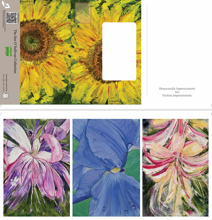 A split view of a landscape art self-sealing greetings card: the top half shows the back with sunflower posting covers and a white rectangular writing area; the bottom half shows the front of the triptych card with three different paintings depicting impressionist art paintings of flowers