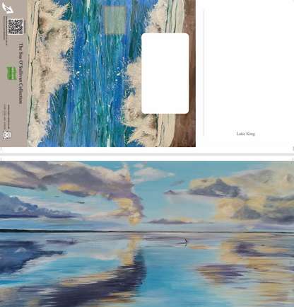 A split view of a landscape art self-sealing greetings card: the top half shows the back with blue and white abstract seascape postings covers, a white rectangular writing area, and the title 'Lake King'; the bottom half shows the front of the trifold card as a calm lake scene with blue water, reflective clouds, and a small distant figure.