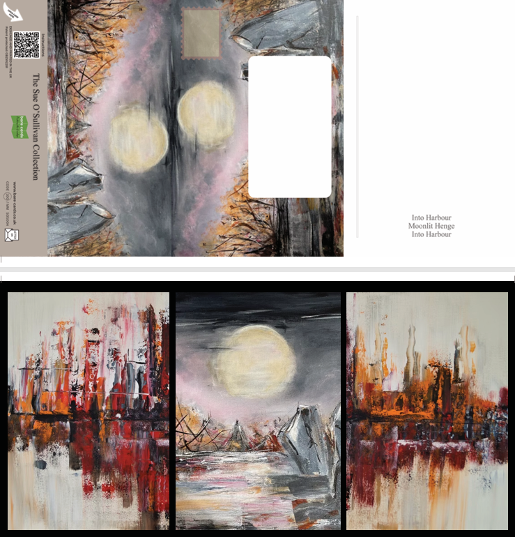 A split view of a landscape art self-sealing greetings card: the top half shows the back with moonlit henge postings covers, and a white rectangular writing area; the bottom half shows the front of the triptych card. The artwork features a moody stonehenge scene with a large glowing moon, dark gray and pink sky, and red, orange, and white reflections on the water.