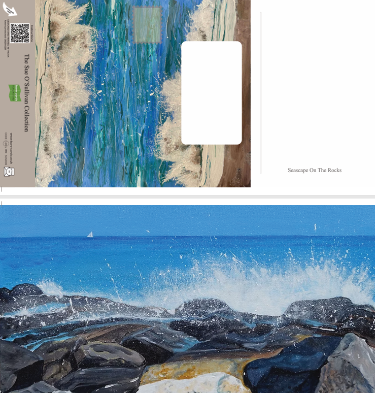 A split view of a landscape art self-sealing greetings card: the top half shows the back with blue and white abstract seascape postings covers, a white rectangular writing area, and the title 'Lake King'; the bottom half shows the front of the trifold card as waves crashing on a rocky shore