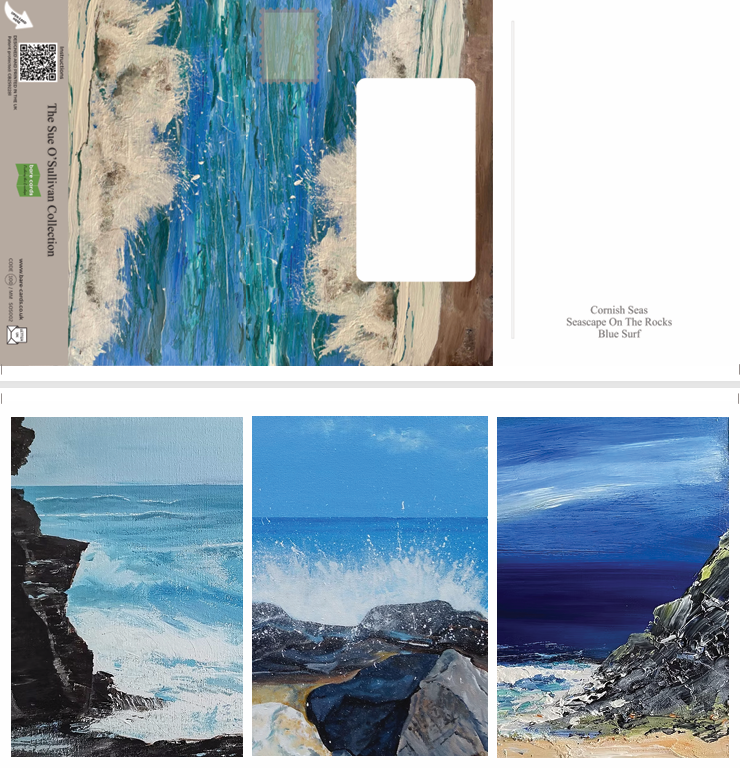 A split view of a landscape art self-sealing greetings card: the top half shows the back with blue and white abstract seascape postings covers and a white rectangular writing area; the bottom half shows the front of the triptych card with three different paintings showing waves crashing on a rocky shore