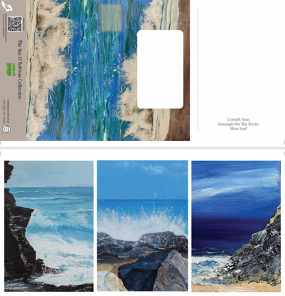 A split view of a landscape art self-sealing greetings card: the top half shows the back with blue and white abstract seascape postings covers and a white rectangular writing area; the bottom half shows the front of the triptych card with three different paintings showing waves crashing on a rocky shore
