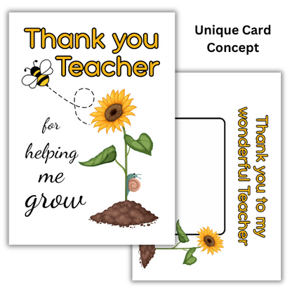 The image shows the front of the Bare Cards Thank you teacher card with images of a sunflower and a bee and the caption "Thank you teacher for helping me grow". Behind this is the front of the built-in envelope page with the caption "Thank you to me wonderful teacher" and a space to write the teachers name.
The words 'unique card concept' explain this eco-friendly design.